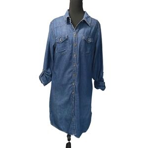 Merona Denim Shirt Dress Womens Large Blue Long Sleeve Button Front
